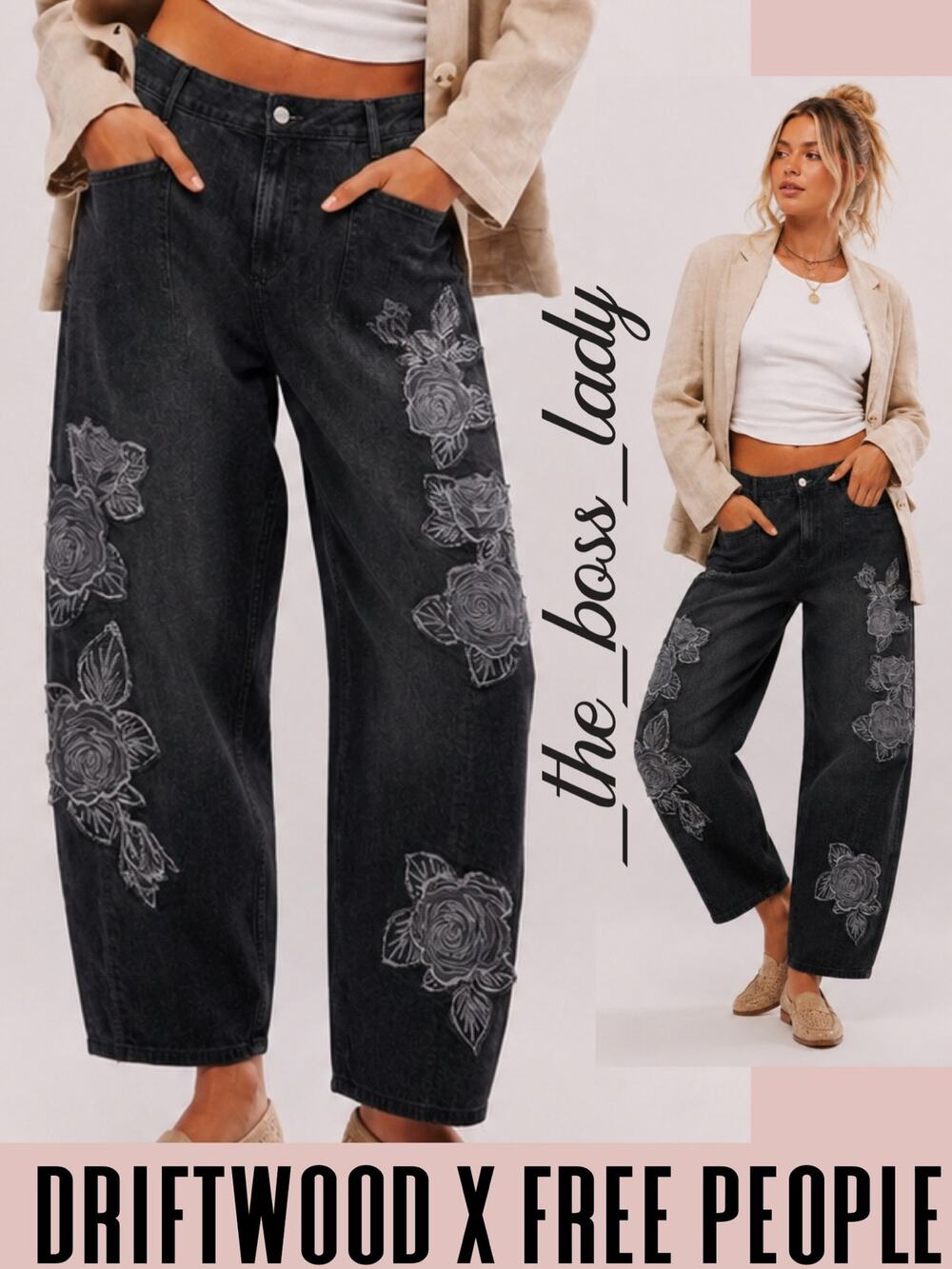 Driftwood barrel jeans relaxed wide-leg pants patchwork embroidered boho 27